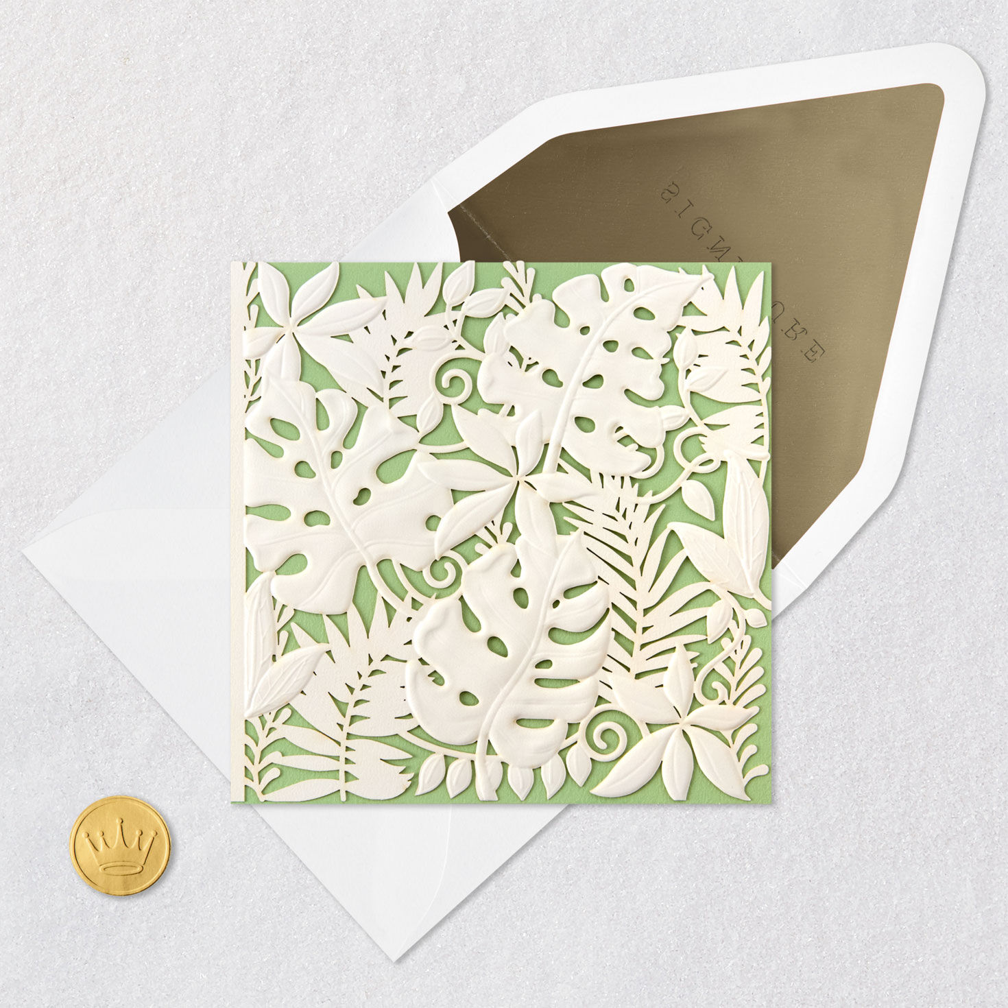 White Die-Cut Monstera Leaves on Mint Green Blank Card Card Front with Envelope and Gold Seal image number 4