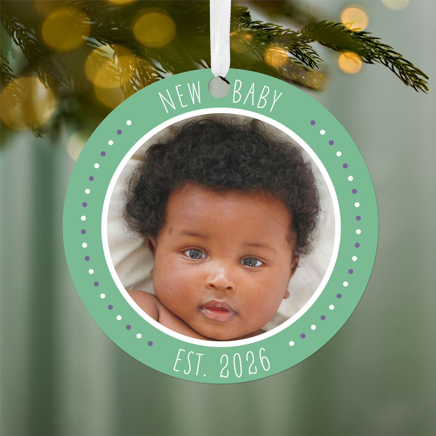 Round New Baby Personalized Ornament hanging on tree image number 2