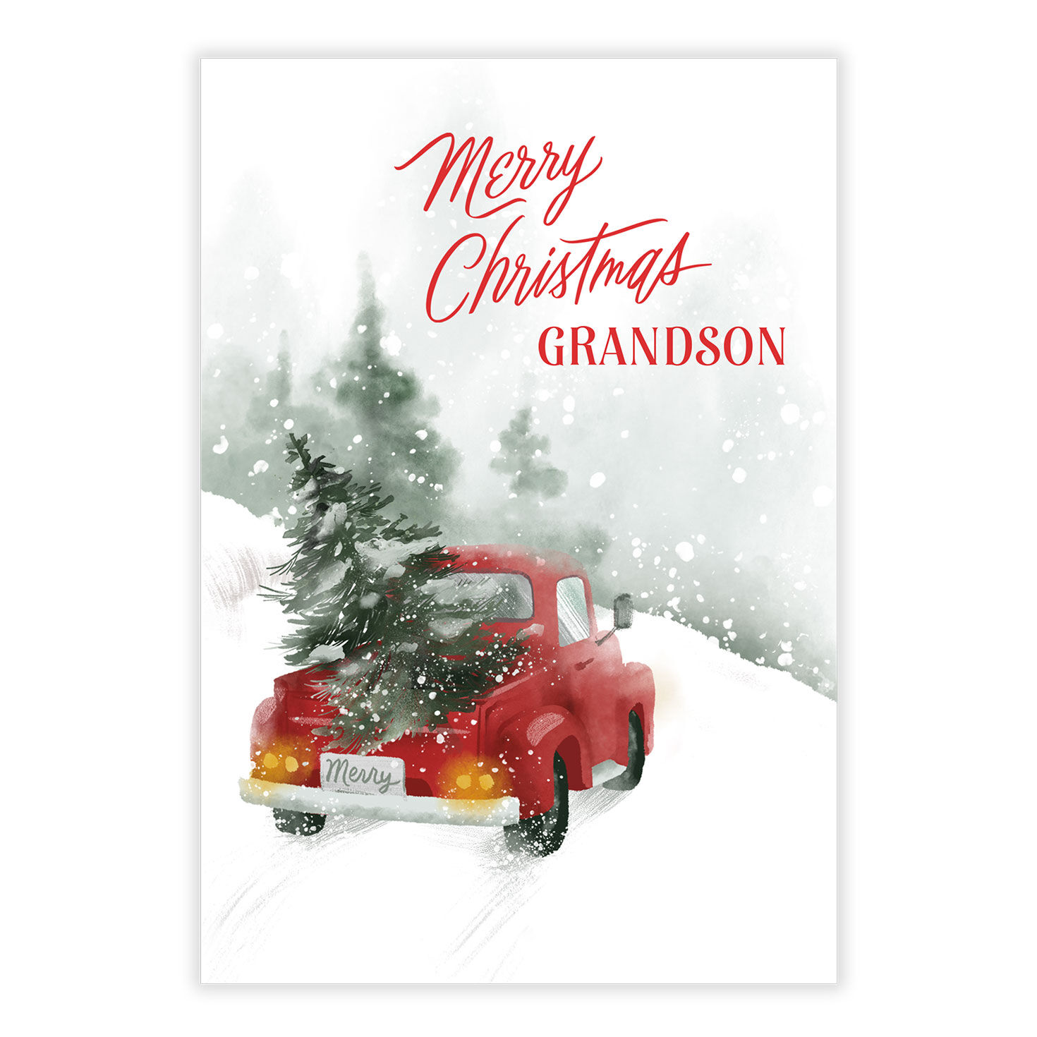 Vintage Red Truck in Snow Personalized Christmas Card front image number 2