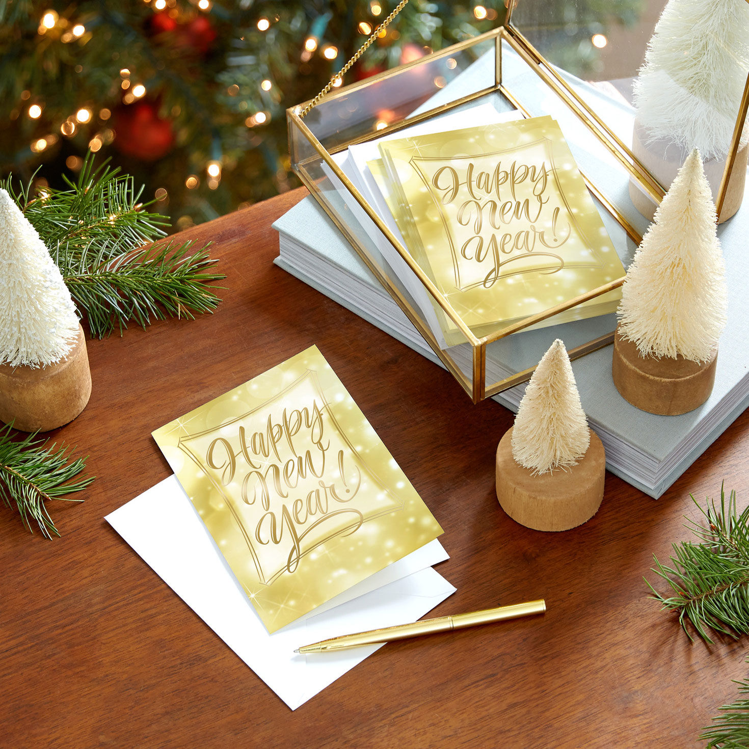 Bokeh Lights on Gold New Year Cards Pack in use image number 6