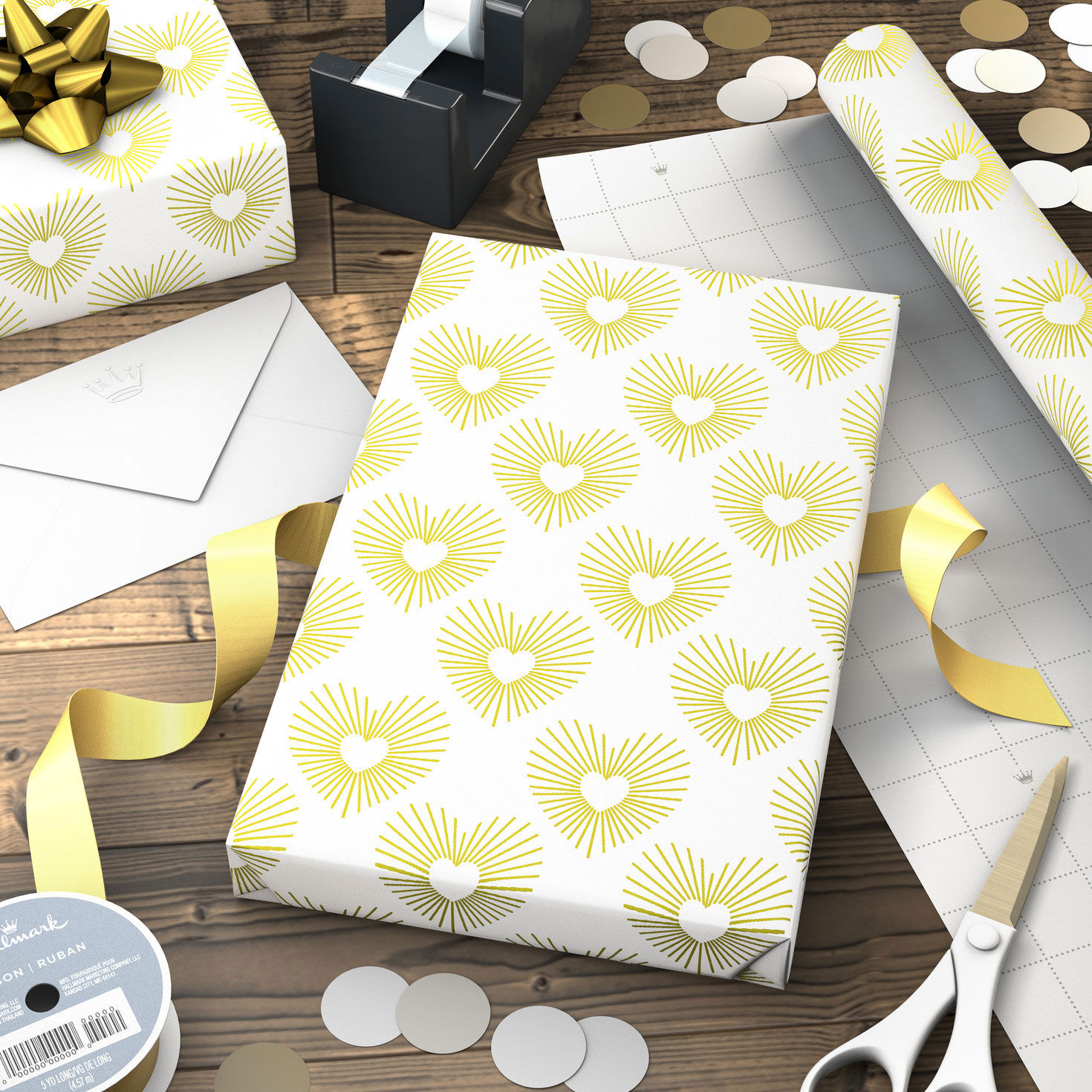 Gold Hearts on White Wrapping Paper 15 sq. ft. Wrapping Paper
