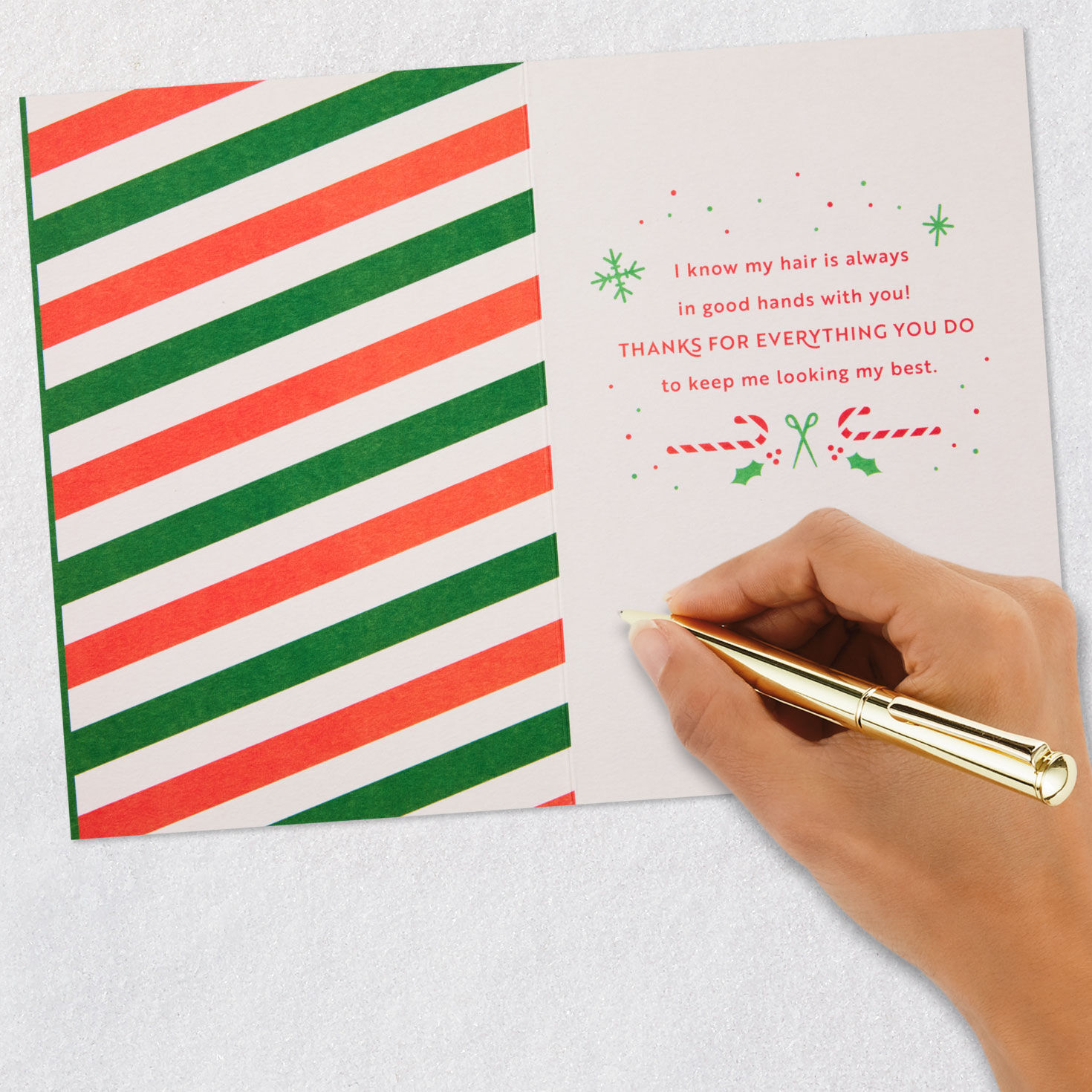 Red and Green Barber Pole Christmas Card for Hairstylist signing card image number 7