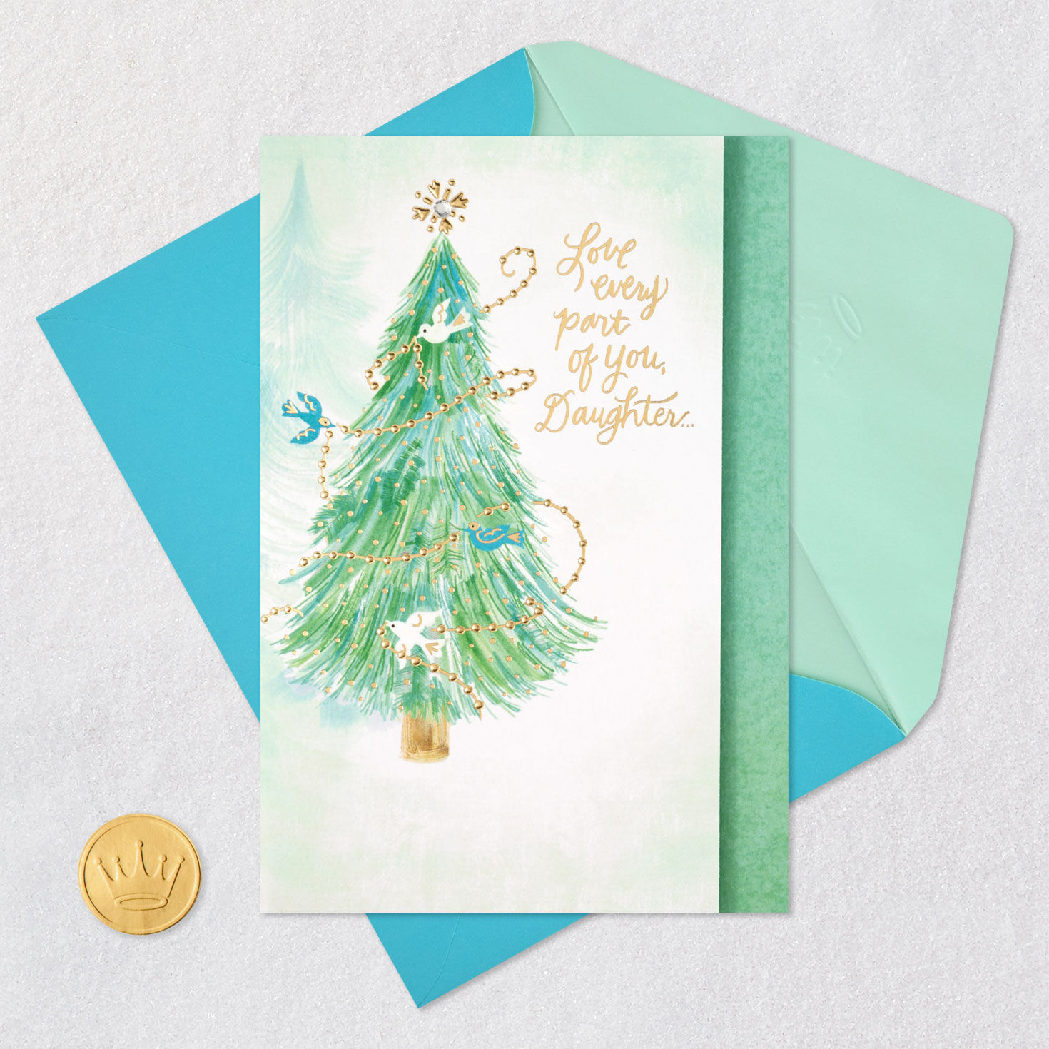 Birds Decorating Tree Daughter Christmas Card Card Front with Envelope and Gold Seal image number 7