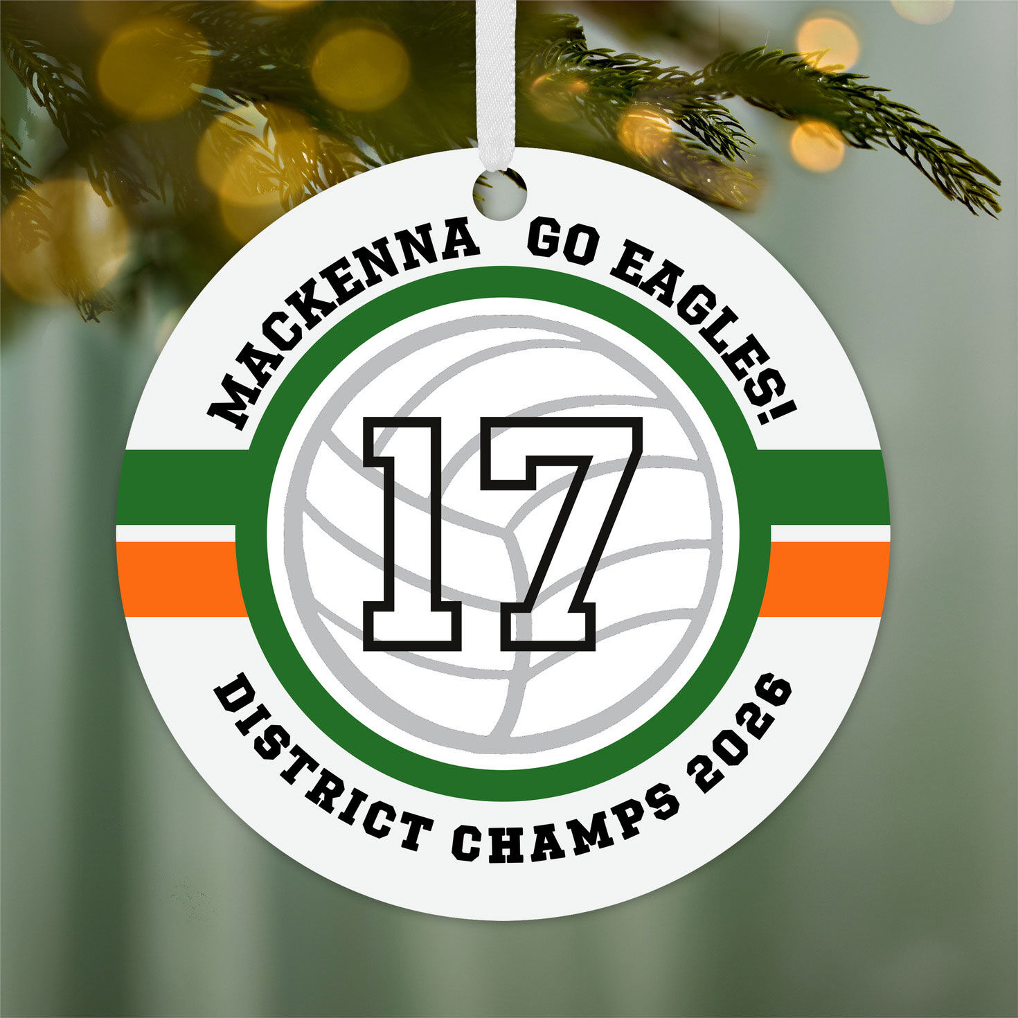 Round Volleyball Personalized Ornament hanging on tree image number 2