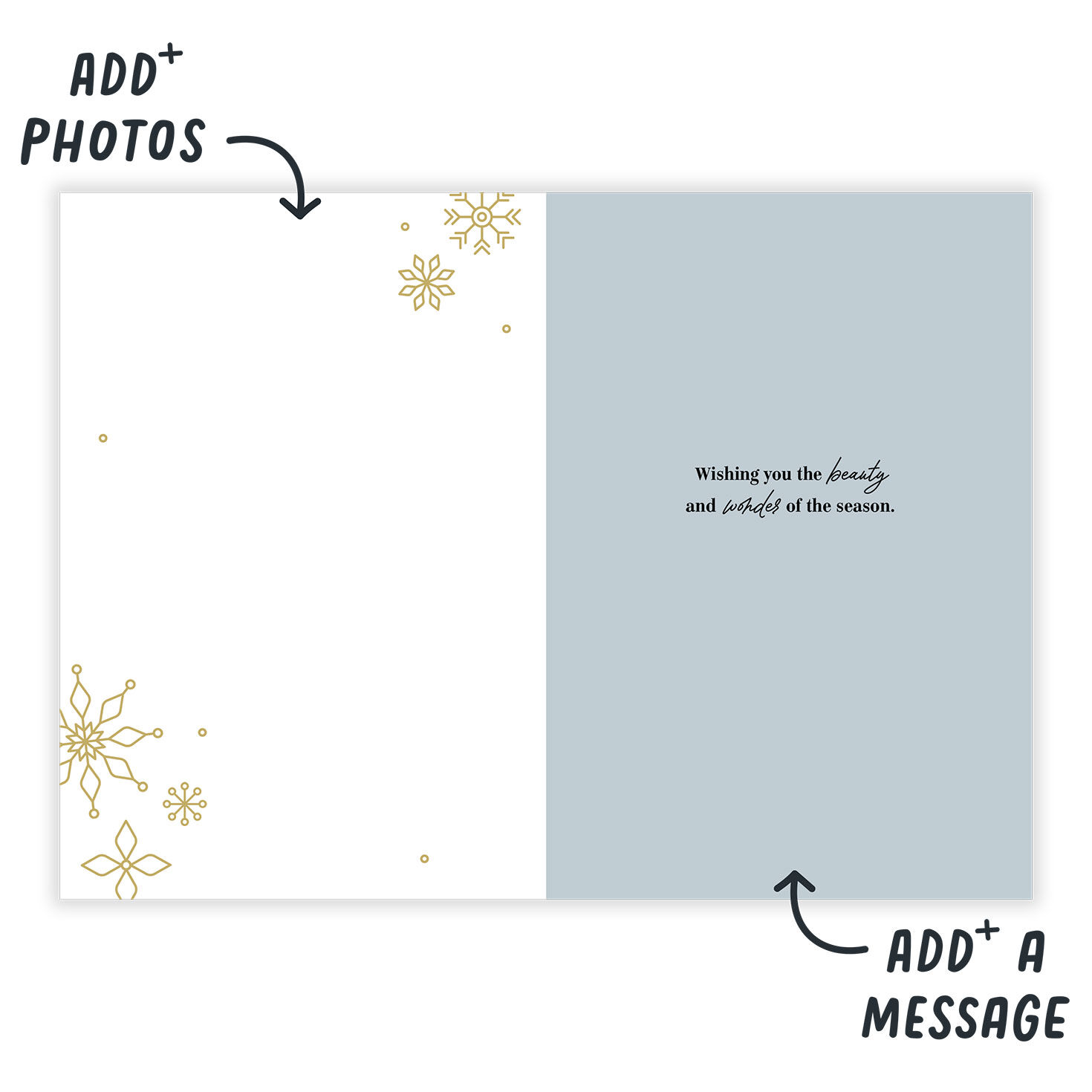 Gold Snowflakes Personalized Holiday Photo Card Open Card indicating personalization image number 3