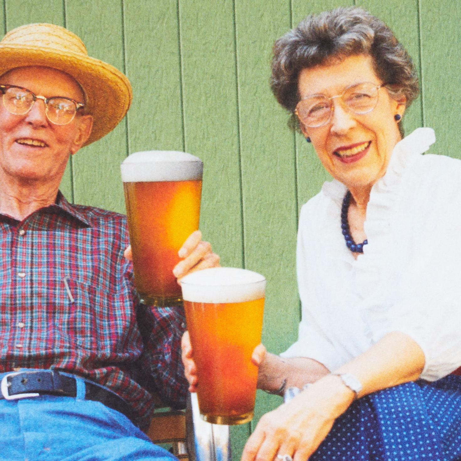 Older Couple with Beers Funny Anniversary Card Card Front Detail image number 4