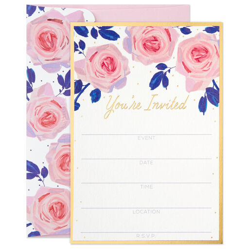 Pink Roses Party Invitations, Pack of 10, 