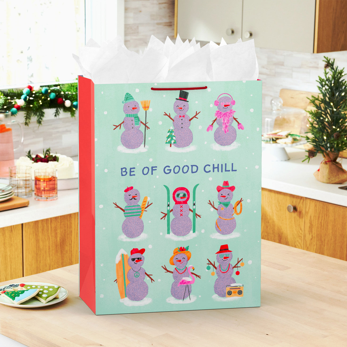 Modern Snowmen on Mint Green Jumbo Christmas Bag in use image number 2