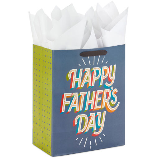 13" Happy Father's Day on Gray Large Gift Bag With Tissue Paper, 