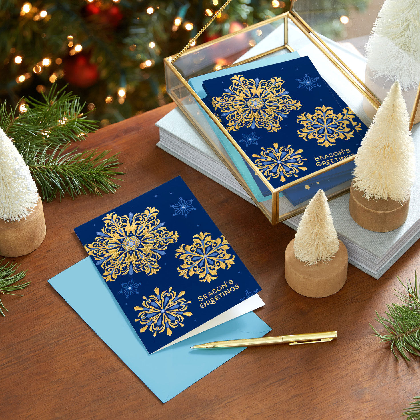 Gold Snowflakes on Blue Boxed Christmas Cards  image number 7