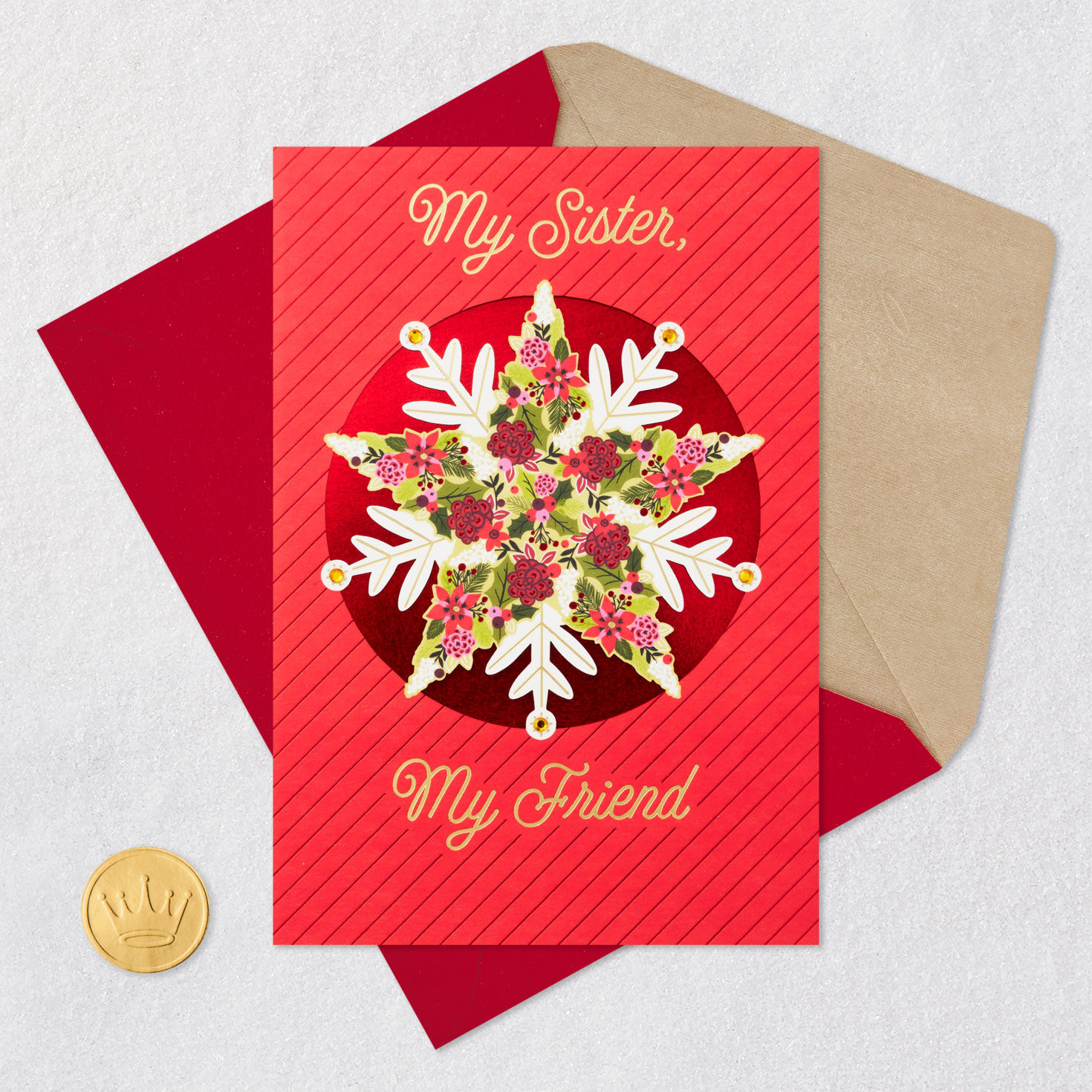 Red Floral Snowflake Christmas Card for Sister Card Front with Envelope and Gold Seal image number 6