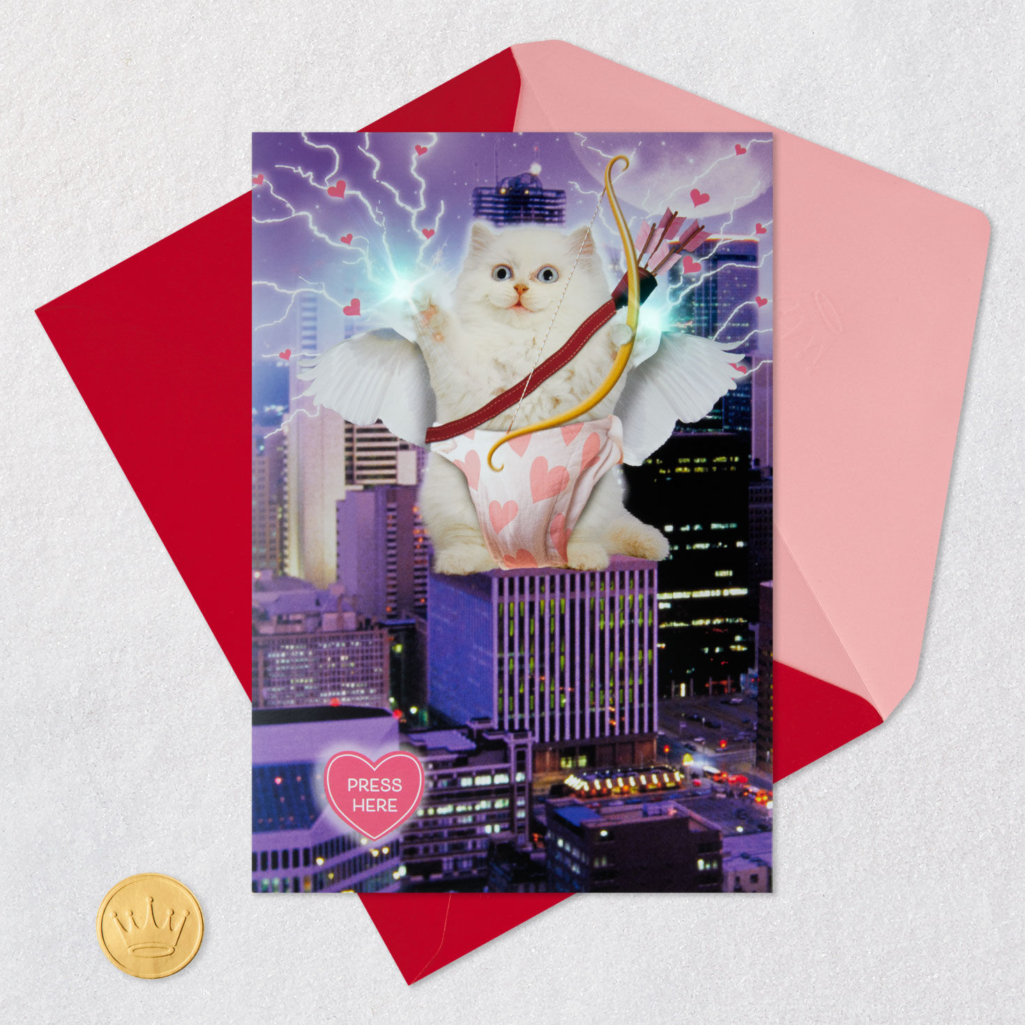 Giant Cupid Cat Funny Valentine's Day Card Card Front with Envelope and Gold Seal image number 5