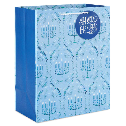13" Tree of Life Menorahs on Blue Large Hanukkah Gift Bag, 