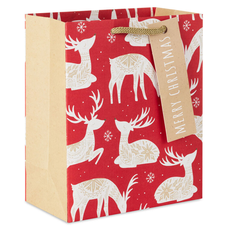 6.5" Patterned Deer on Red Small Christmas Gift Bag