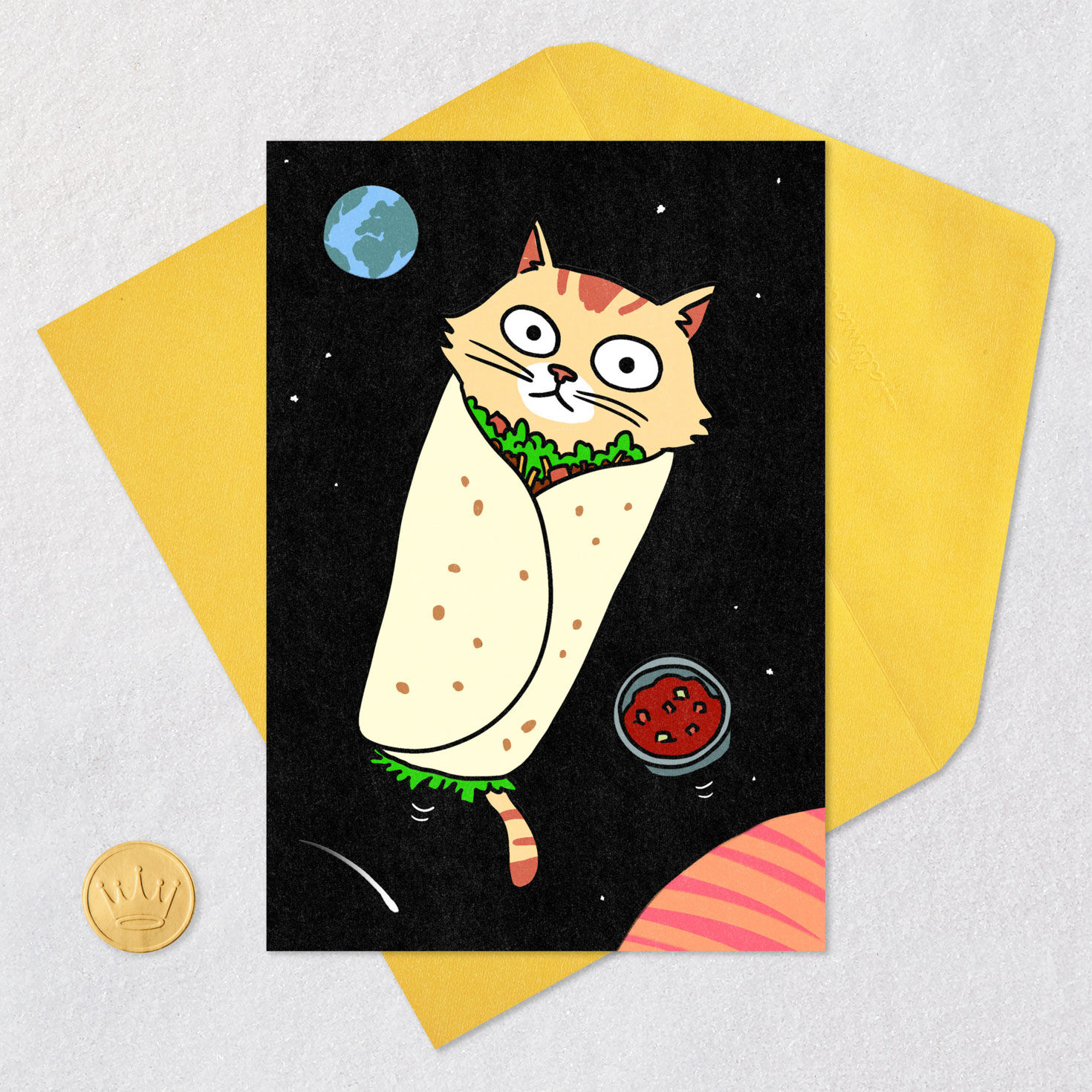 Cat Burrito in Space Funny Card Card Front with Envelope and Gold Seal image number 5