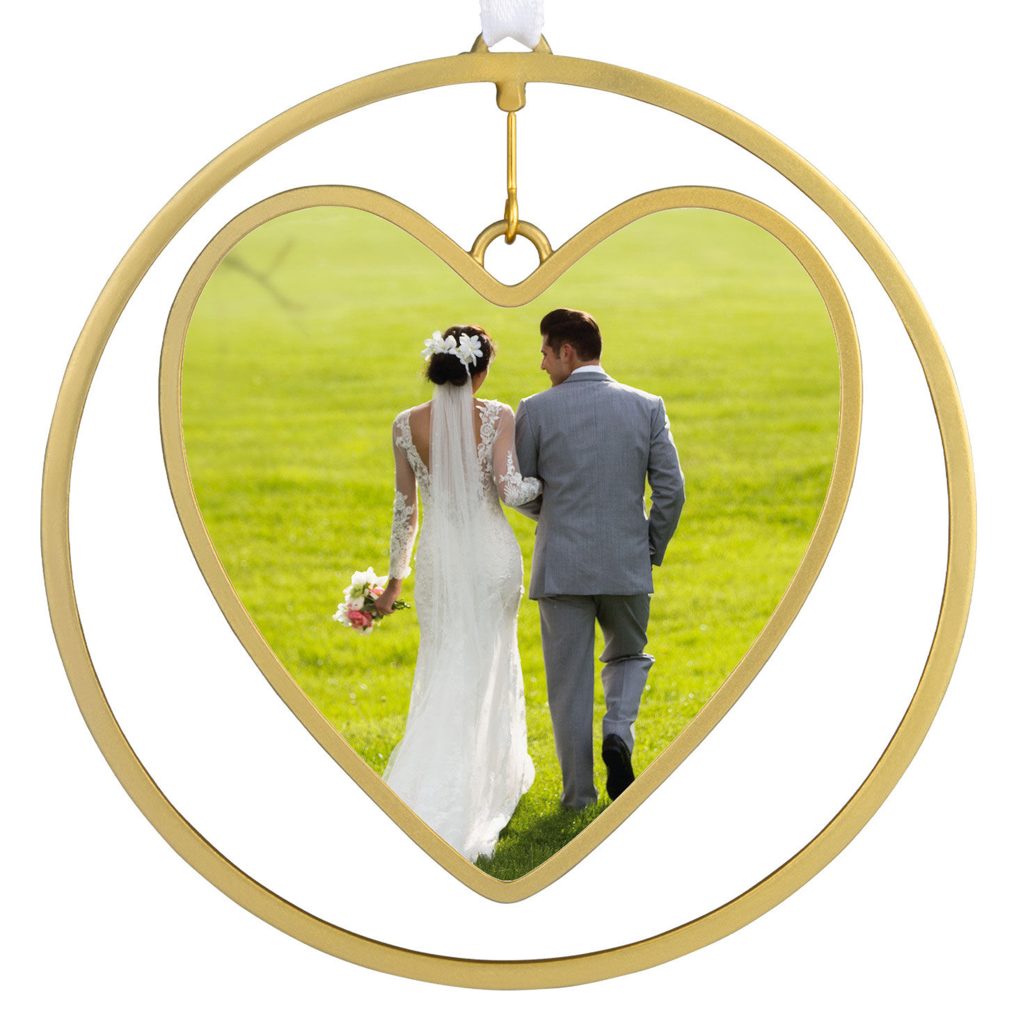 Gold Heart in Ring Personalized Photo Ornament upclose view image number 5