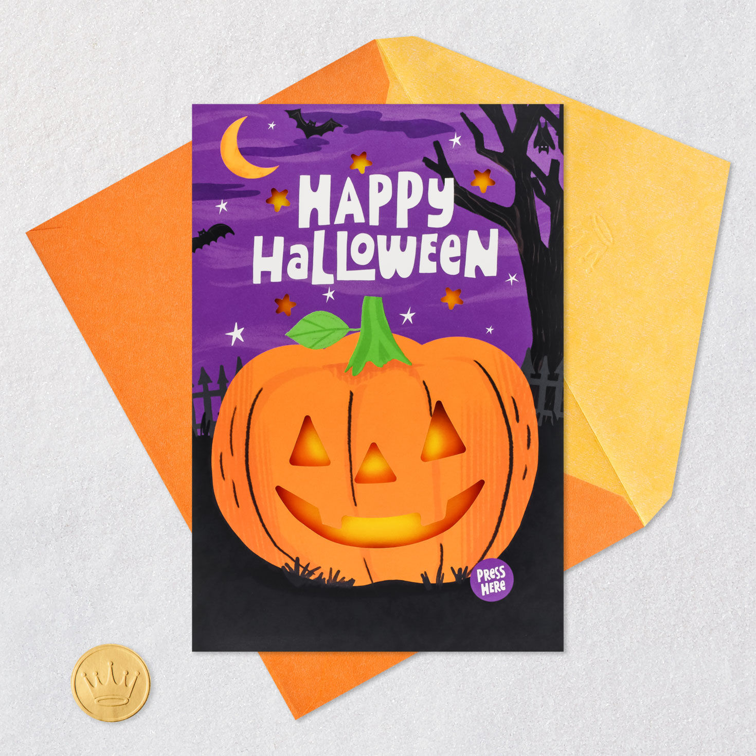 Light Up Pumpkin Purple and Black Halloween Card Card Front with Envelope and Gold Seal image number 5