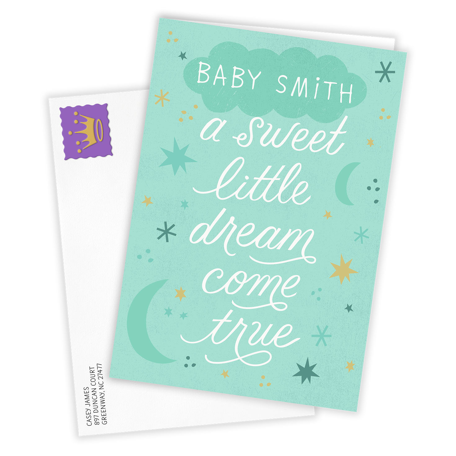 Personalized Moon and Stars on Teal New Baby Card  image number 2
