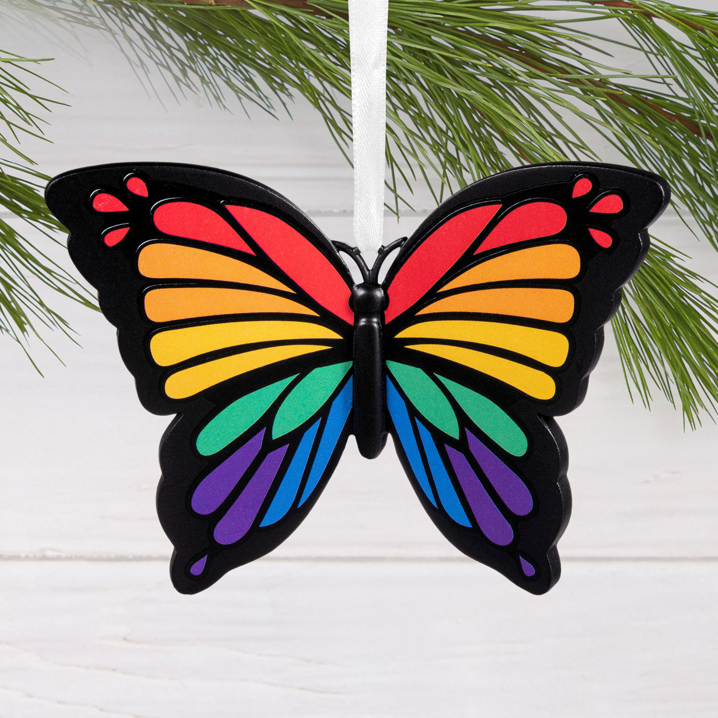 Rainbow Butterfly Christmas Ornament hanging on tree image number 2