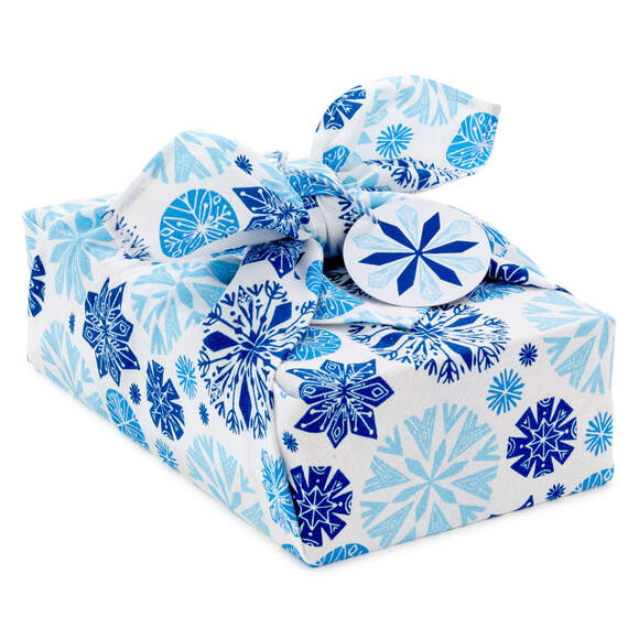 26" Blue Snowflakes Holiday Fabric Gift Wrap With Gift Tag, , large image number 1