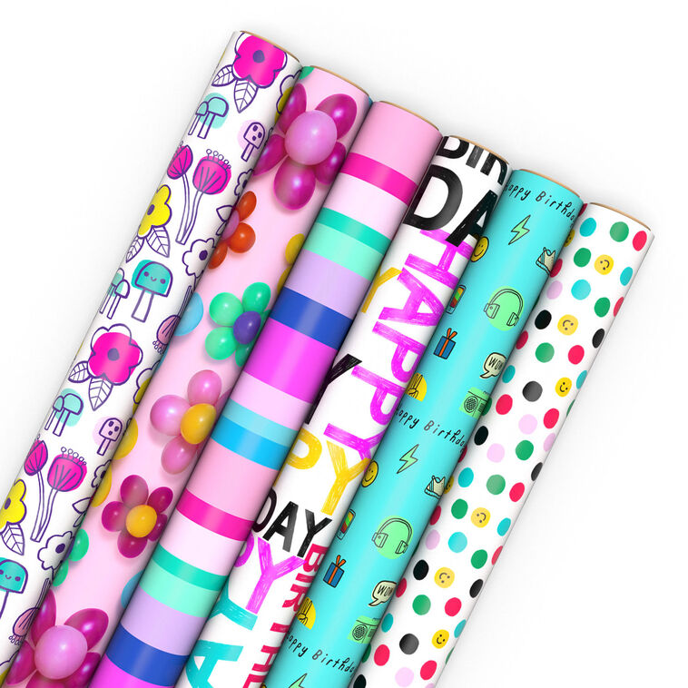 Birthday Whimsy 6-Pack Assorted Wrapping Paper Roll Bundle, 180 sq. ft. total
