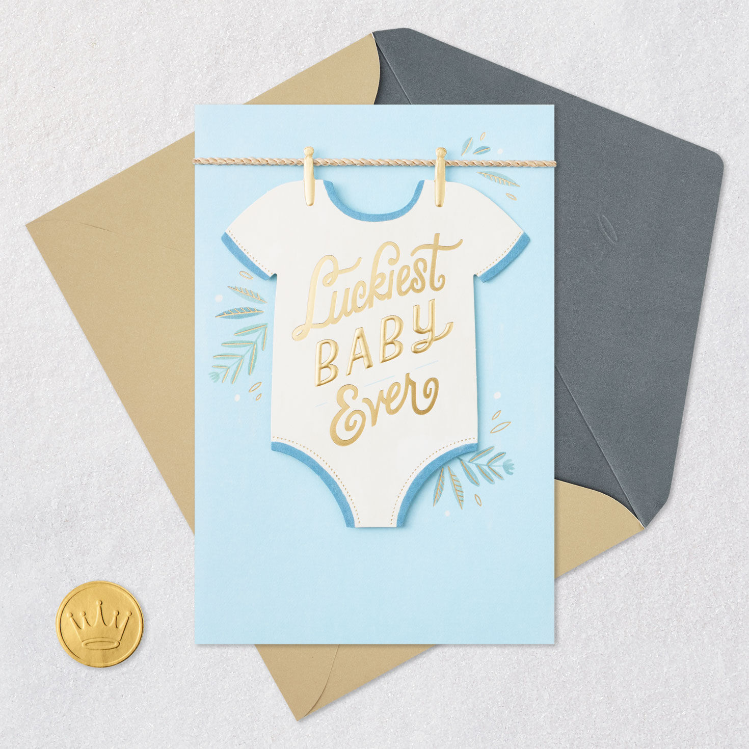 Light Blue and Gold Outfit New Baby Shower Card Card Front with Envelope and Gold Seal image number 5