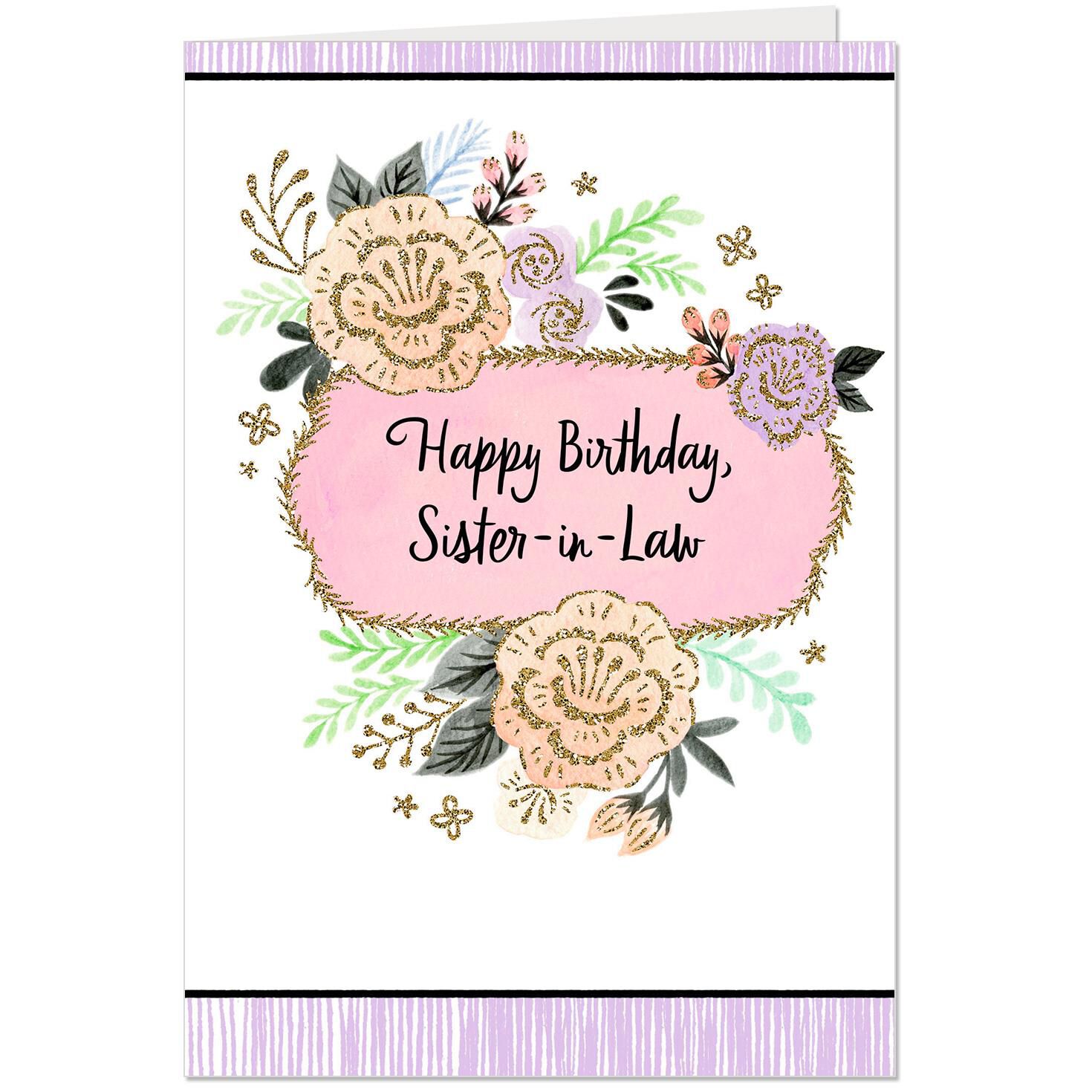 Glittery Flowers Birthday Card For Sister In Law Greeting Cards