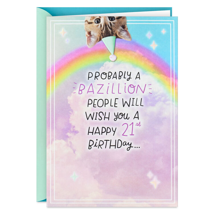 Kitten Riding a Unicorn Pop-Up 21st Birthday Card