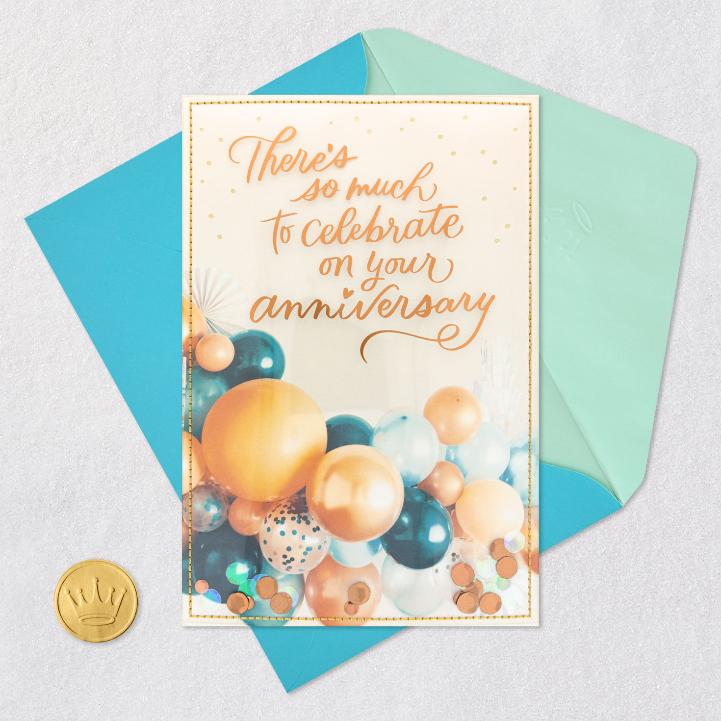 Teal and Gold Balloons with Confetti Anniversary Card Card Front with Envelope and Gold Seal image number 6