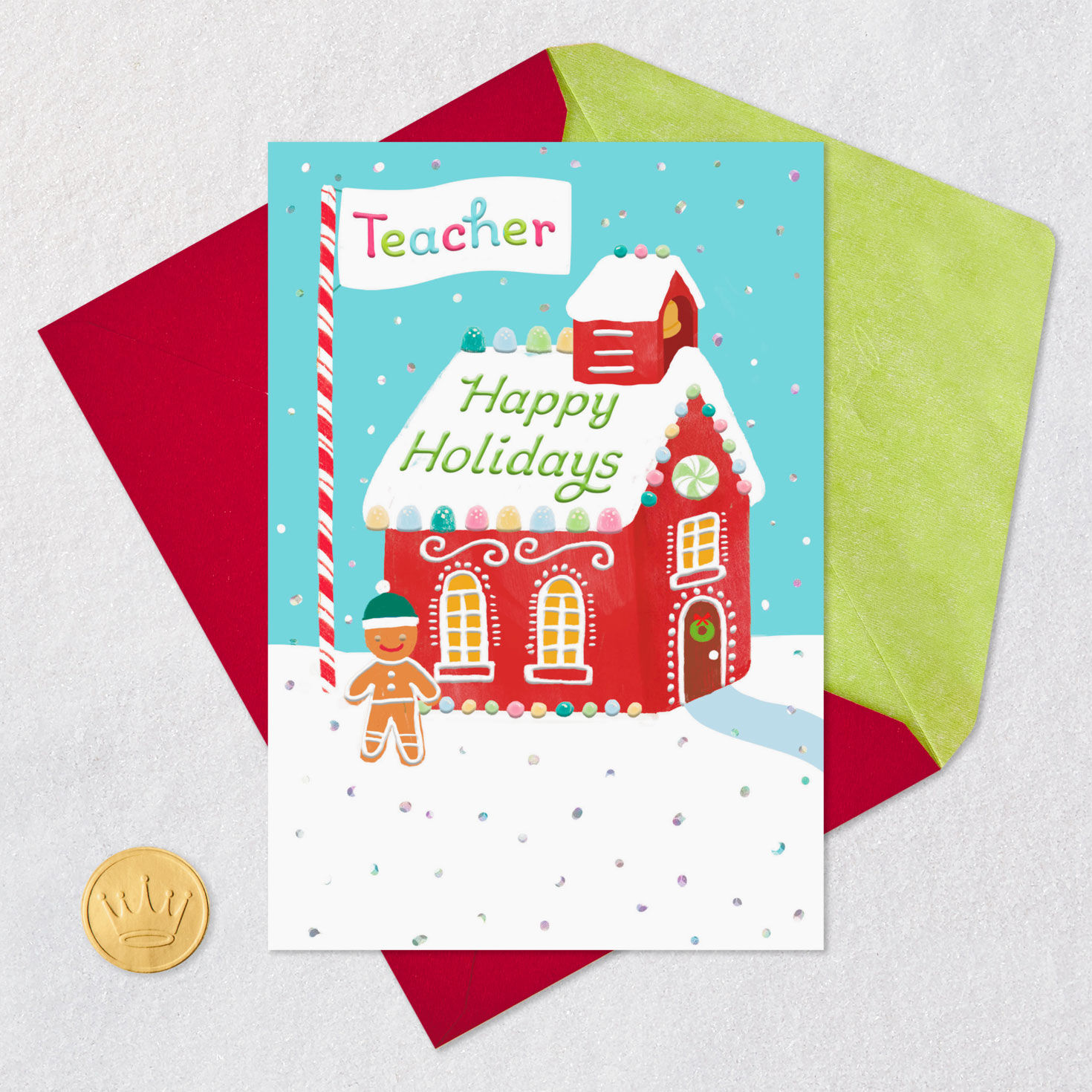 Gingerbread Schoolhouse Christmas Card for Teacher Card Front with Envelope and Gold Seal image number 5