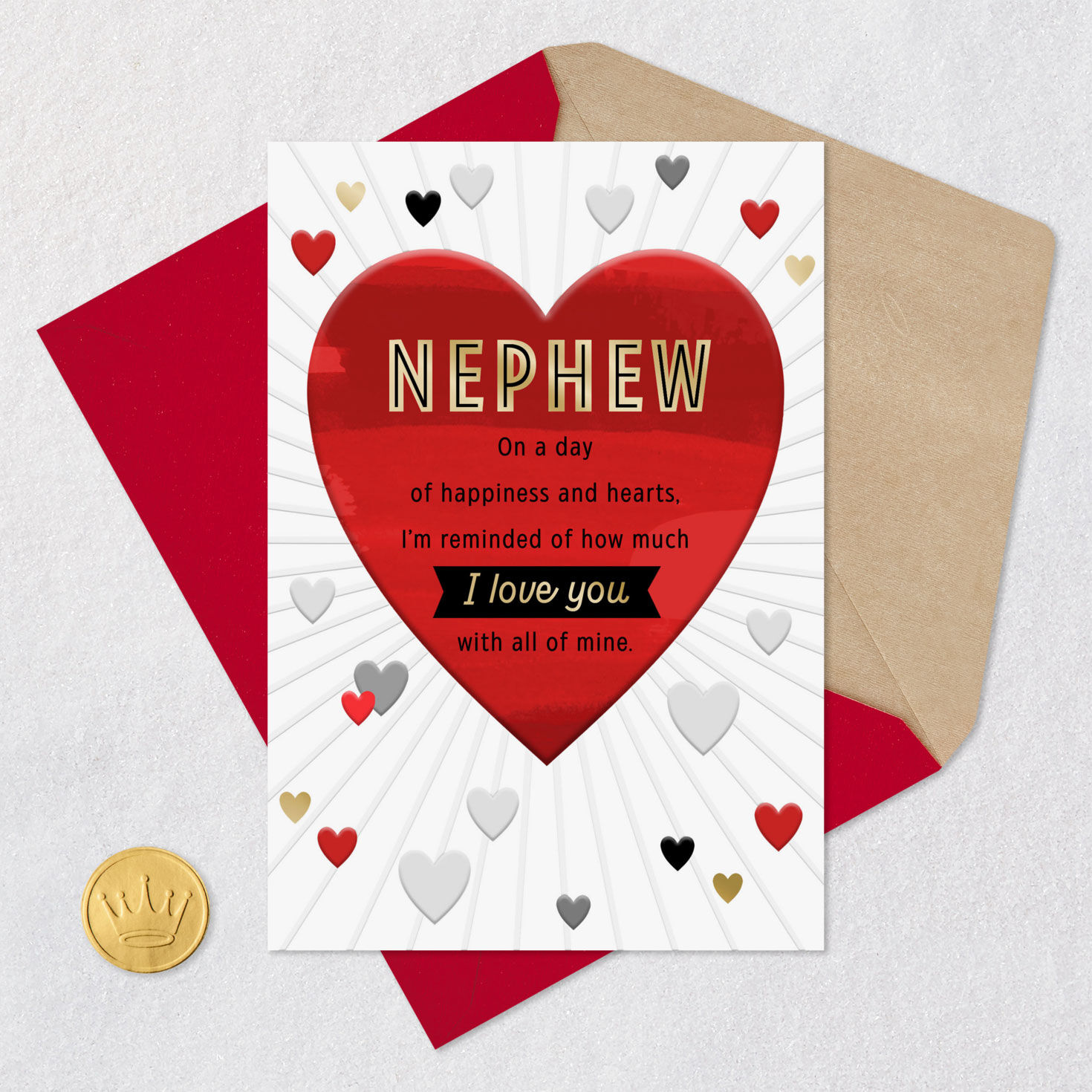 Hearts and Rays Nephew Valentine's Day Card Card Front with Envelope and Gold Seal image number 6