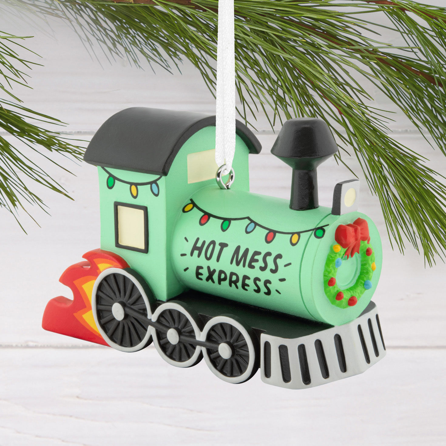 Hot Mess Train Engine Christmas Ornament hanging on tree image number 2