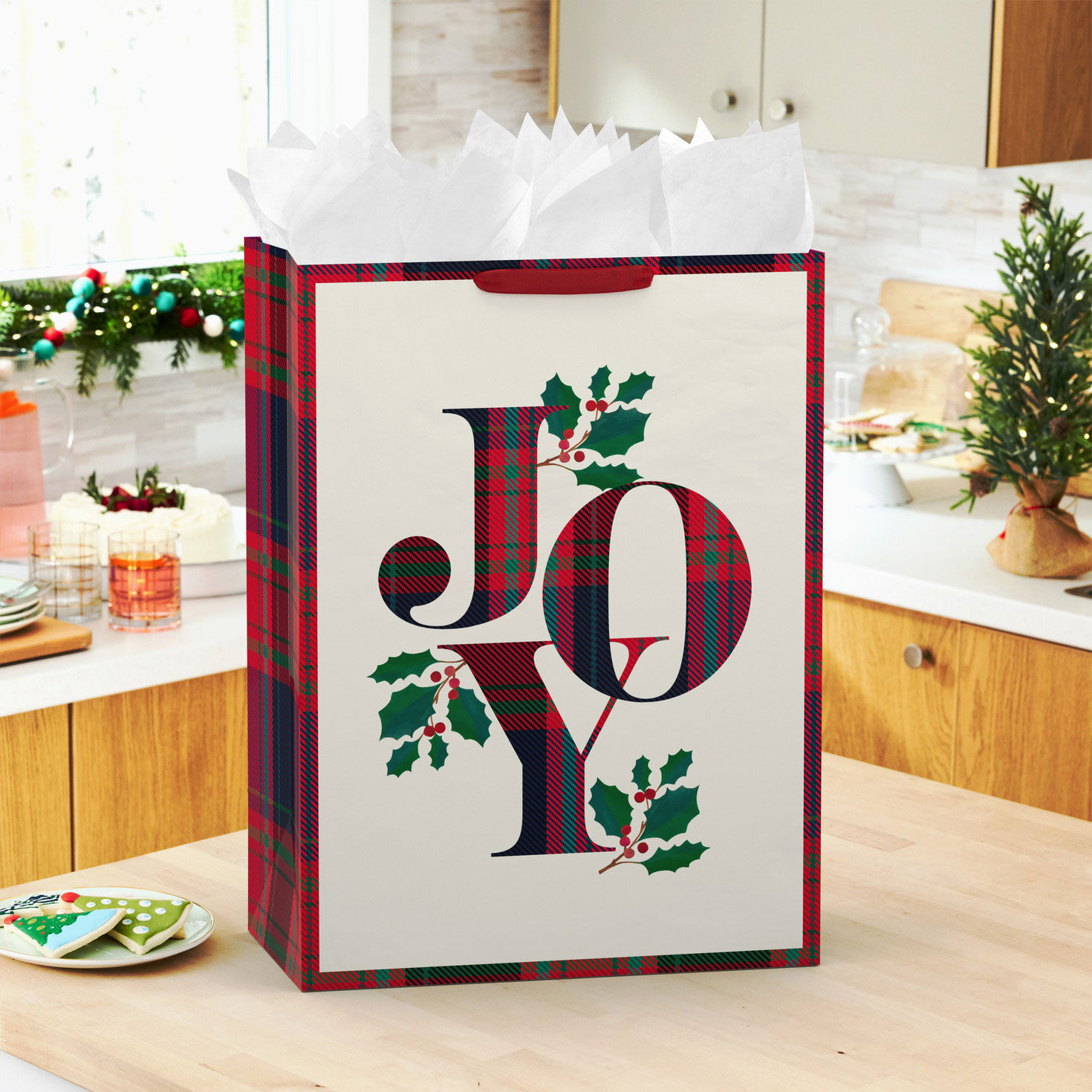 Plaid and Holly on Cream Jumbo Christmas Bag in use image number 2