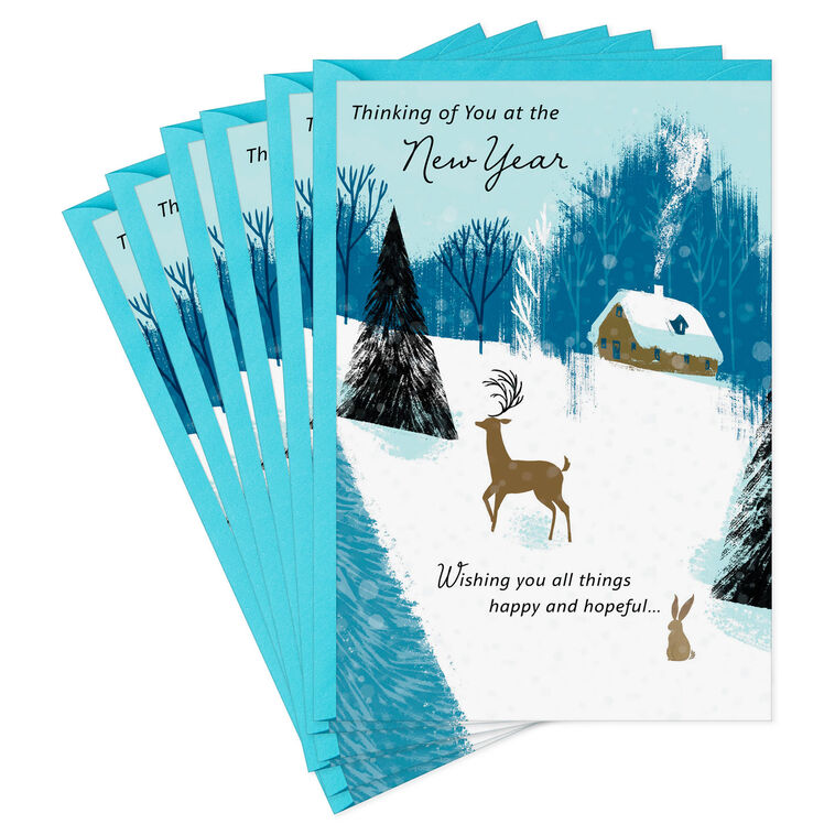 Deer and Snowy Cabin New Year Cards Pack Card Fan image number 1