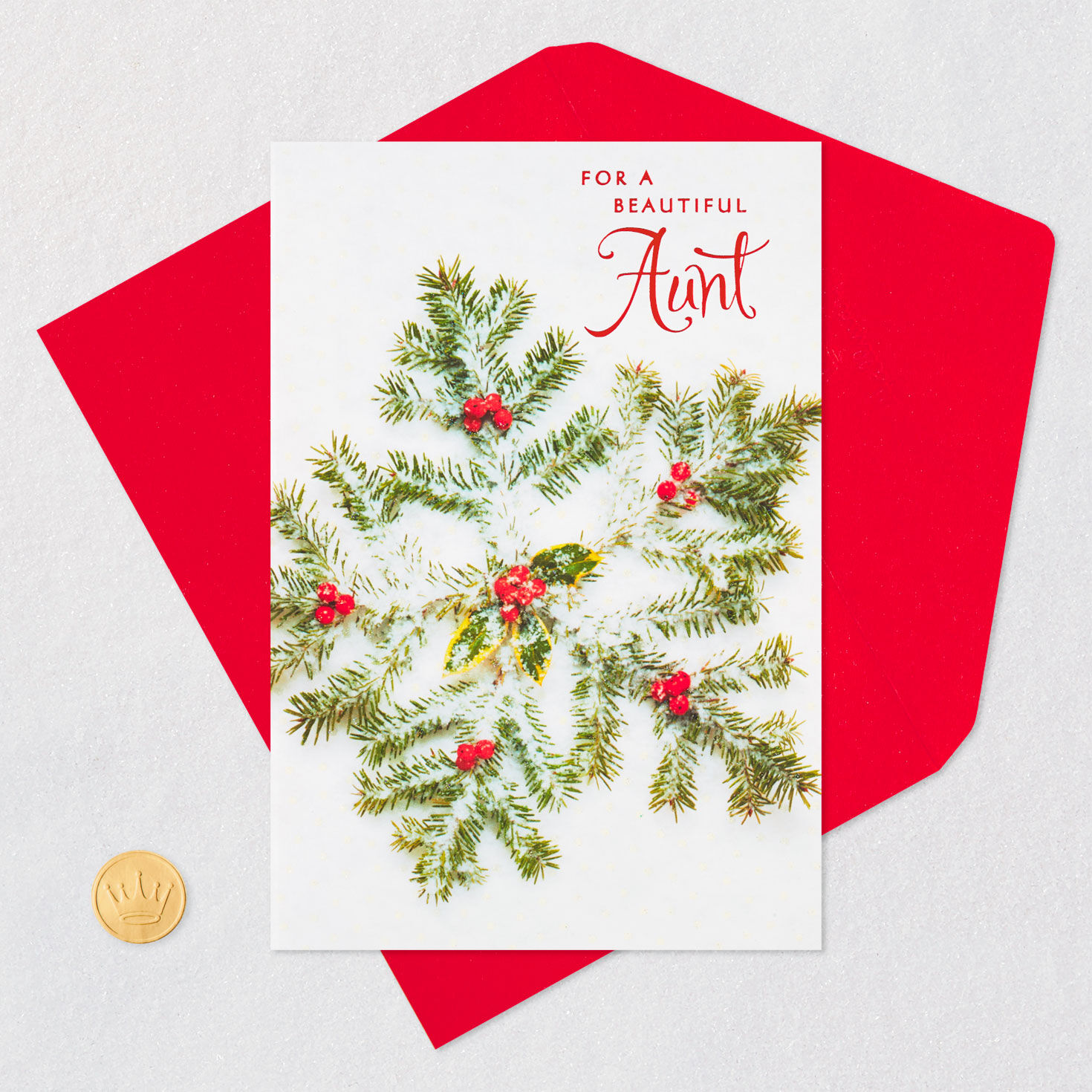 Evergreen and Holly Snowflake Christmas Card for Aunt  image number 5