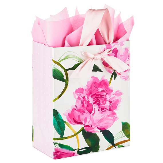 13" Pink Peonies Gift Bag With Tissue, , large image number 1