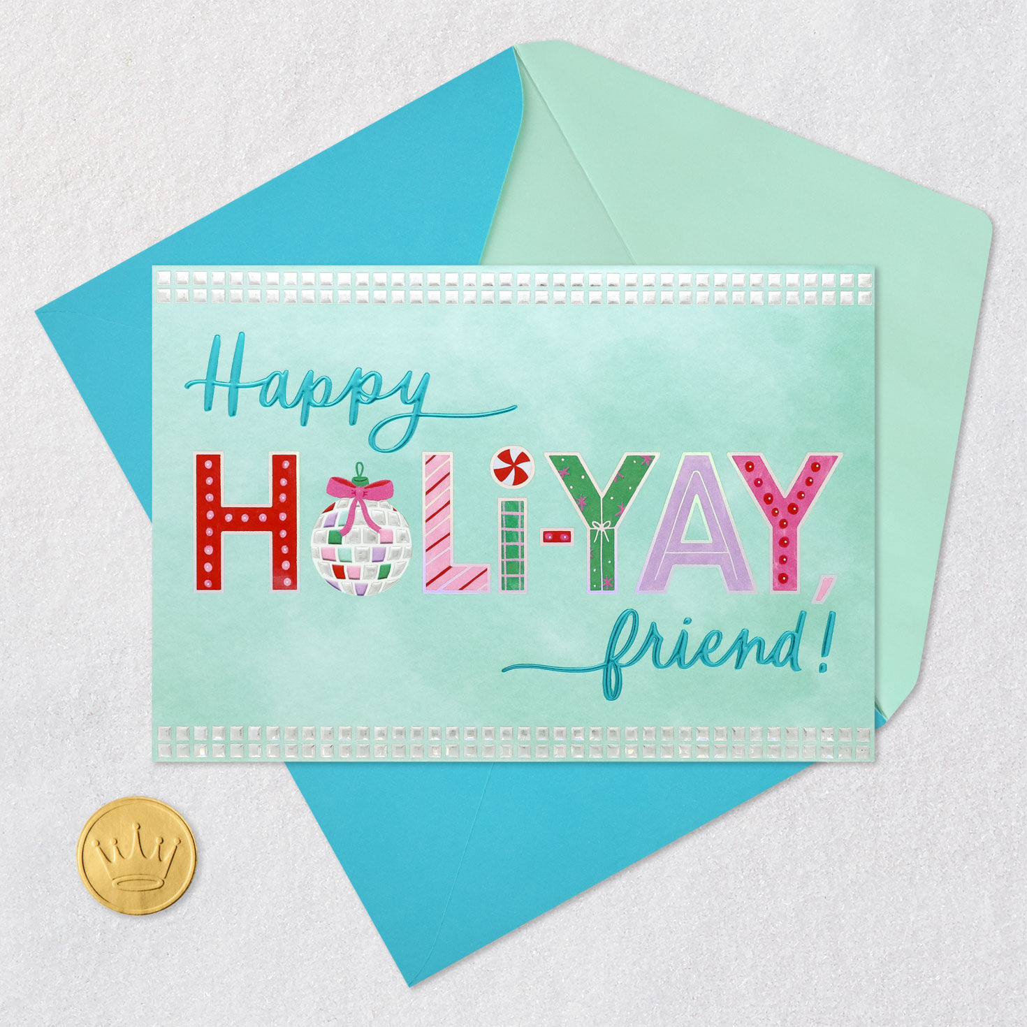 Modern Blue Holi-Yay Christmas Card for Friend Card Front with Envelope and Gold Seal image number 5