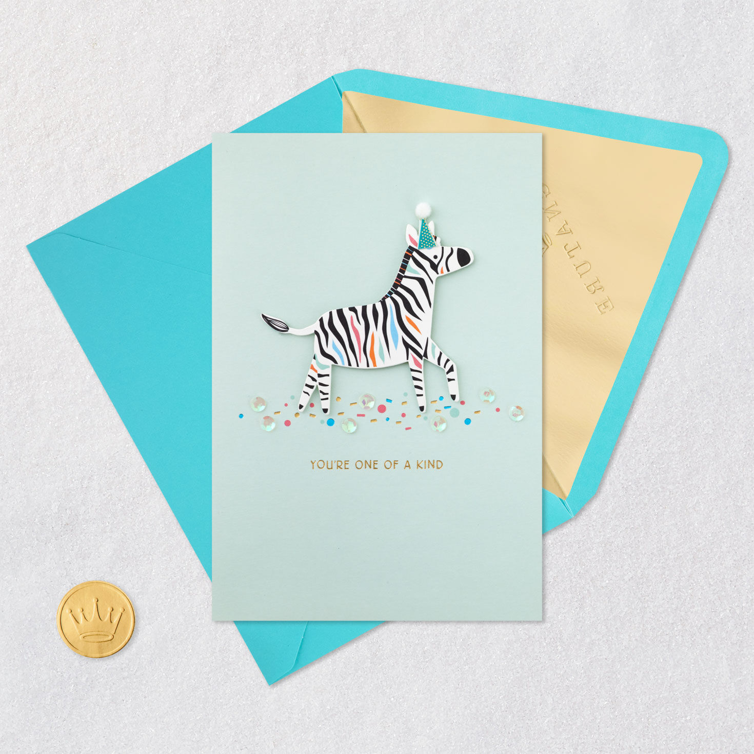 Colorful Zebra on Mint Birthday Card Card Front with Envelope and Gold Seal image number 5