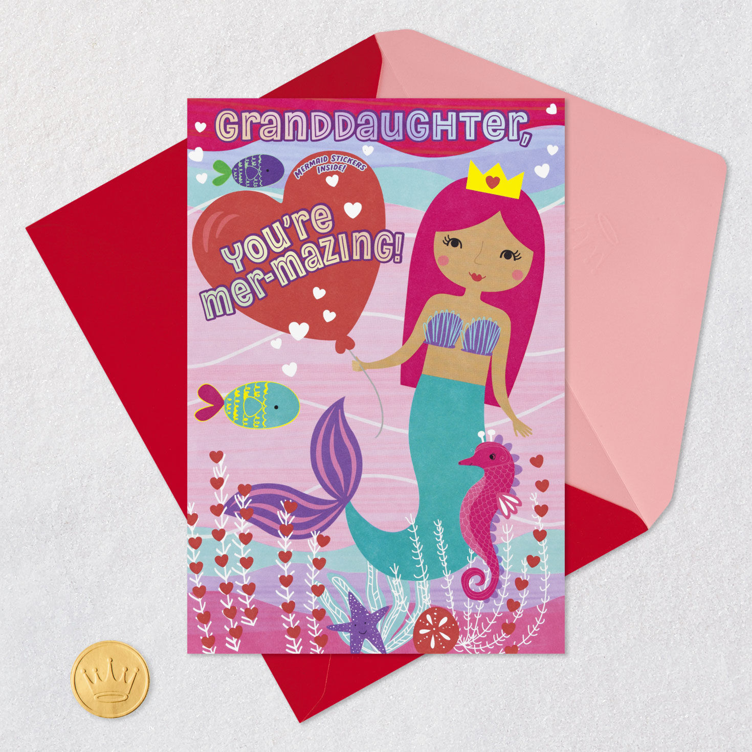 Mermaid Granddaughter Valentine's Day Card With Stickers Card Front with Envelope and Gold Seal image number 6