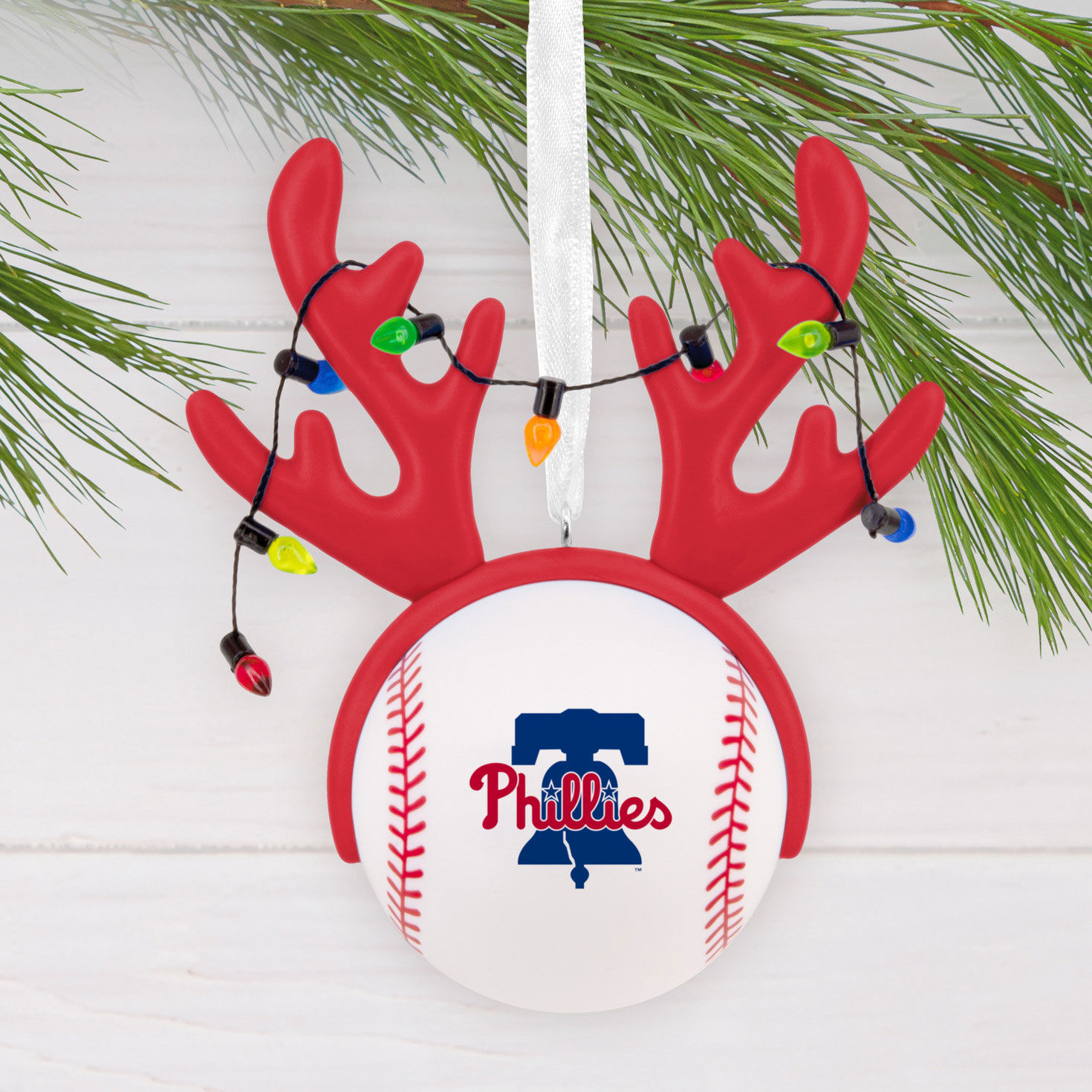 Phillies Reindeer Baseball Christmas Ornament hanging on tree image number 2