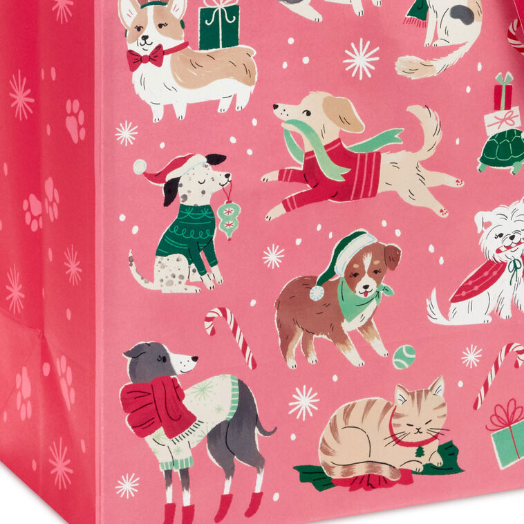 Retro Dogs and Cats on Pink Large Christmas Gift Bag Base/Side Detail image number 5