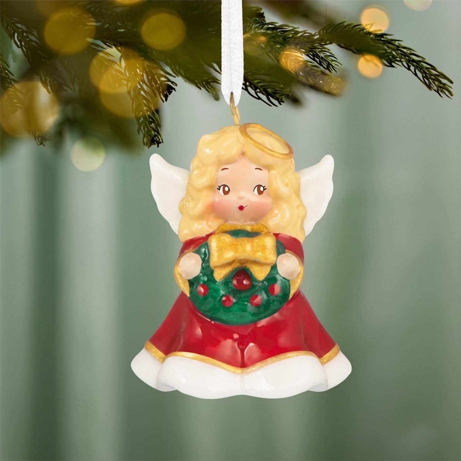 Vintage Angel With Wreath Keepsake Ornament hanging on tree image number 2