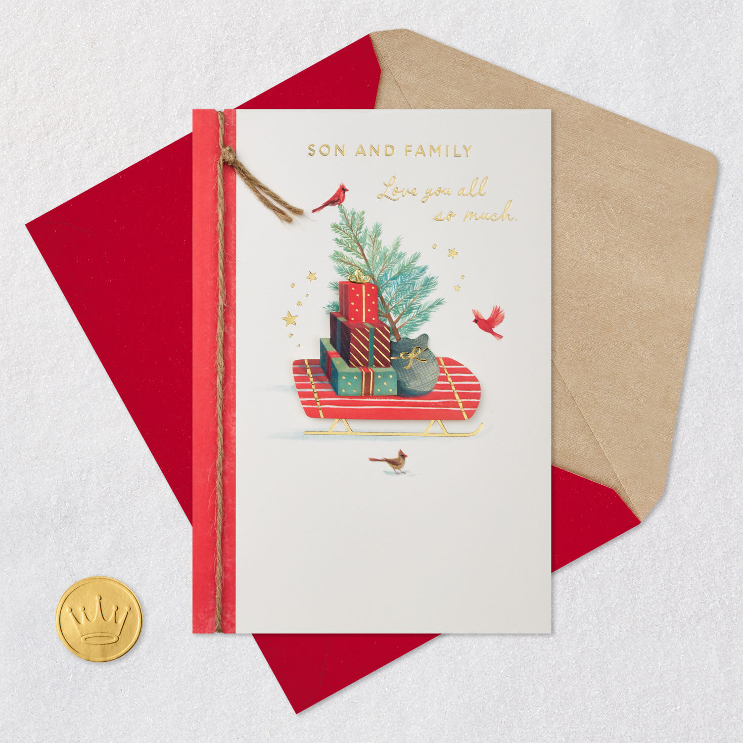 Cardinal Sleigh Christmas Card for Son and Family Card Front with Envelope and Gold Seal image number 6