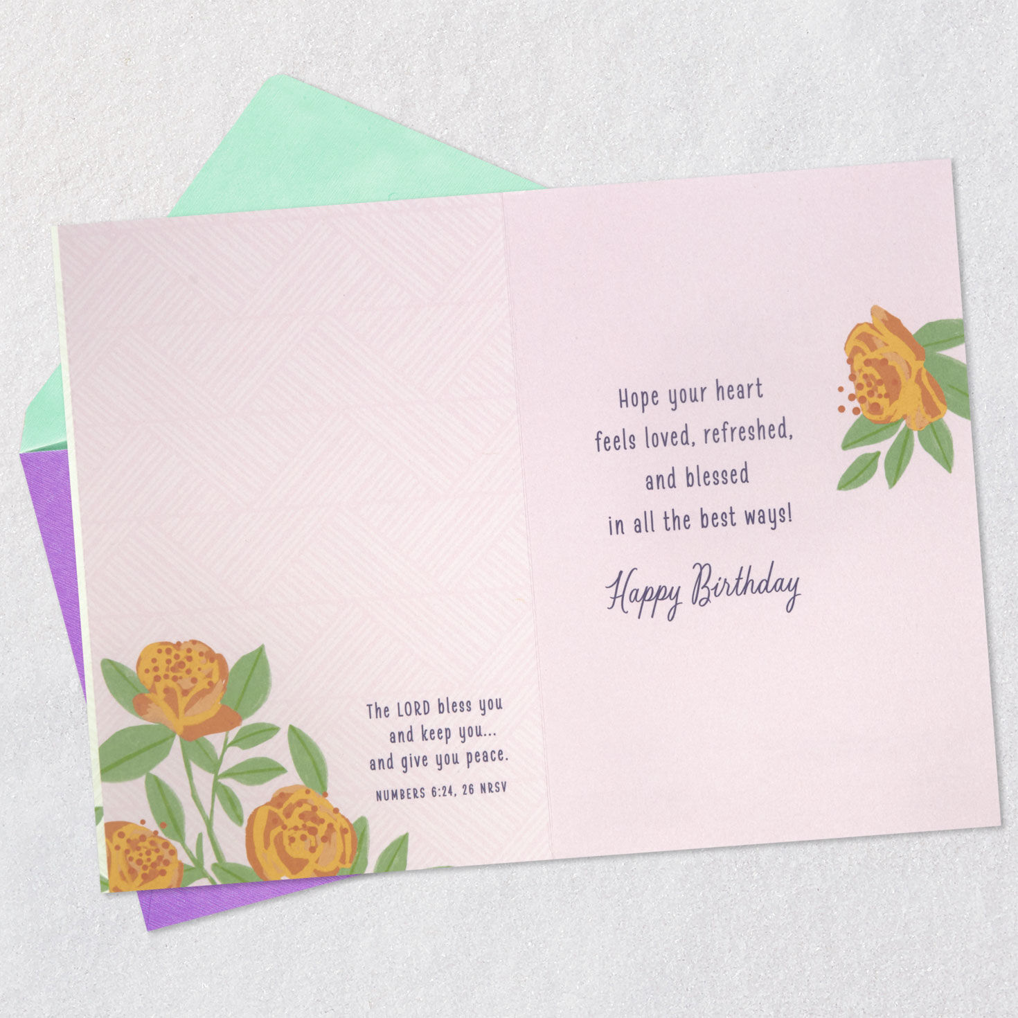 Orange Flowers on Pink Christian Birthday Card Open card with envelope image number 4