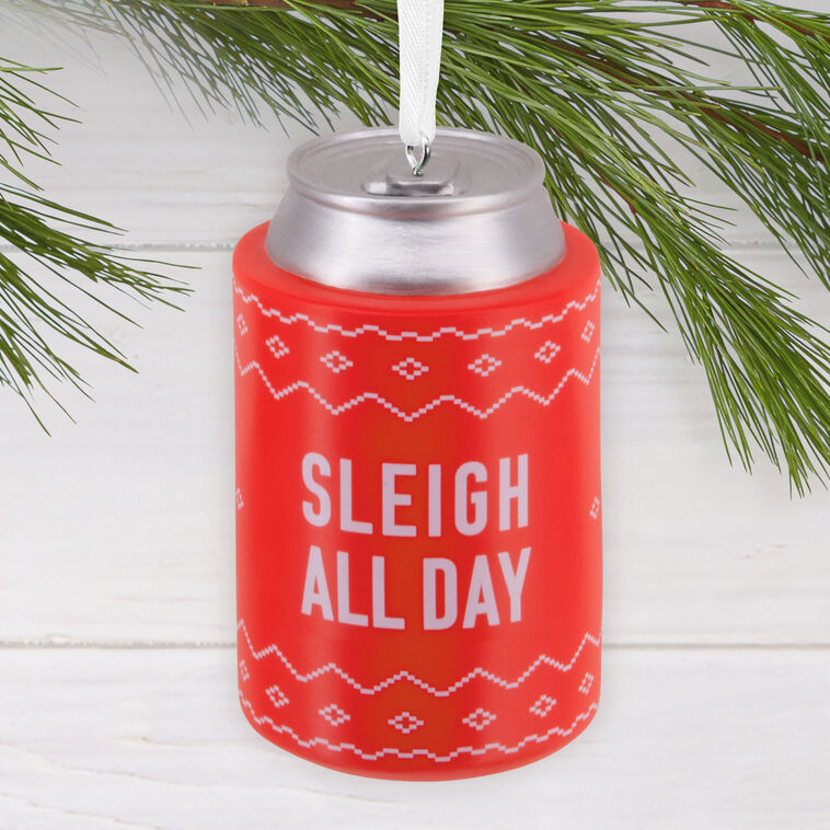 Sleigh All Day Red Can Koozie Christmas Ornament Hanging on tree image number 2