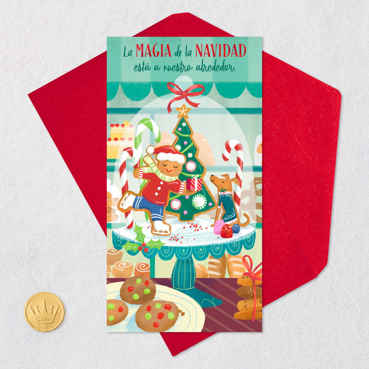 Gingerbread Cookies Spanish Gift Card Holder Christmas Card Card Front with Envelope and Gold Seal image number 5