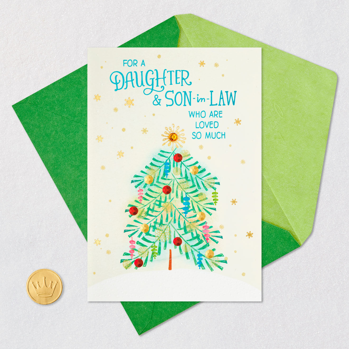 Tree and Ornaments Daughter & Son-in-Law Christmas Card Card Front with Envelope and Gold Seal image number 5
