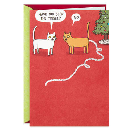 Cat Found the Tinsel Funny Christmas Card, , large