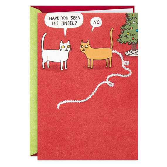 Cat Found the Tinsel Funny Christmas Card, , large image number 1