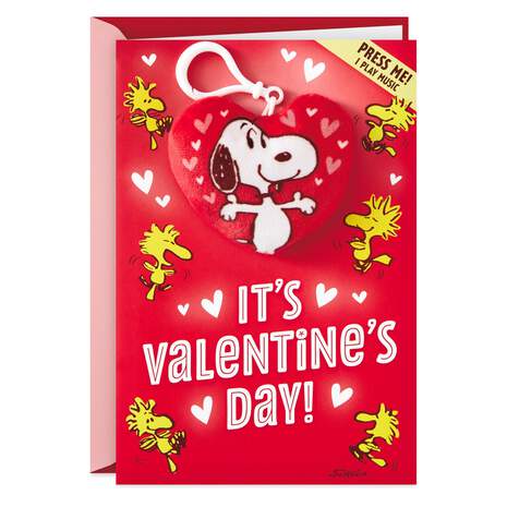Peanuts® Snoopy and Woodstock Valentine's Day Card With Removable Musical Backpack Clip, , large